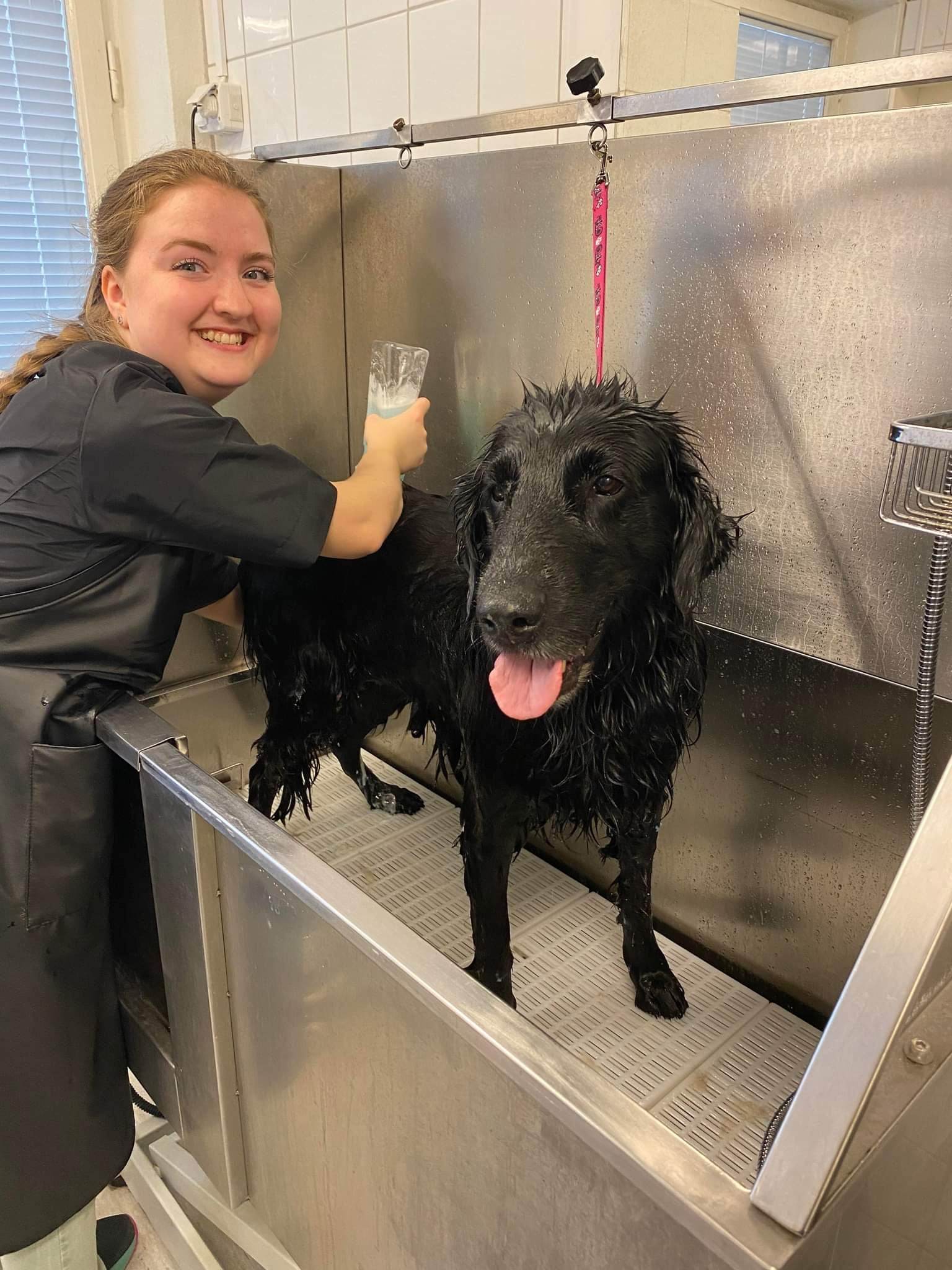 Emma badar en svart hund